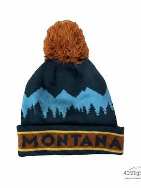 Knit Pom Beanie - Navy, Light Blue & Rust